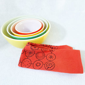 Hand dyed kitchen towel with vintage bowls