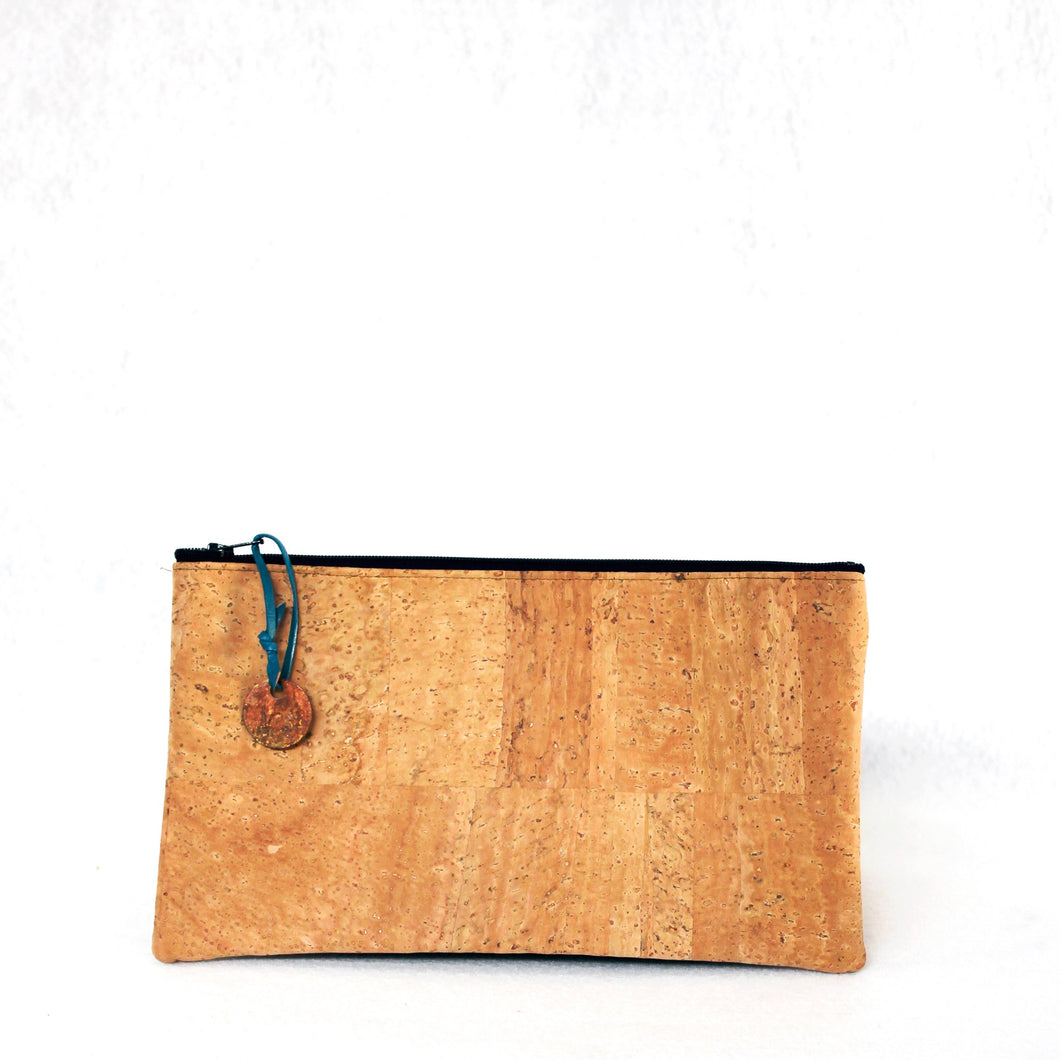 Cork pouch with lanyard strap and stamped, patinated brass zipper pull from Tallulah Art•Head