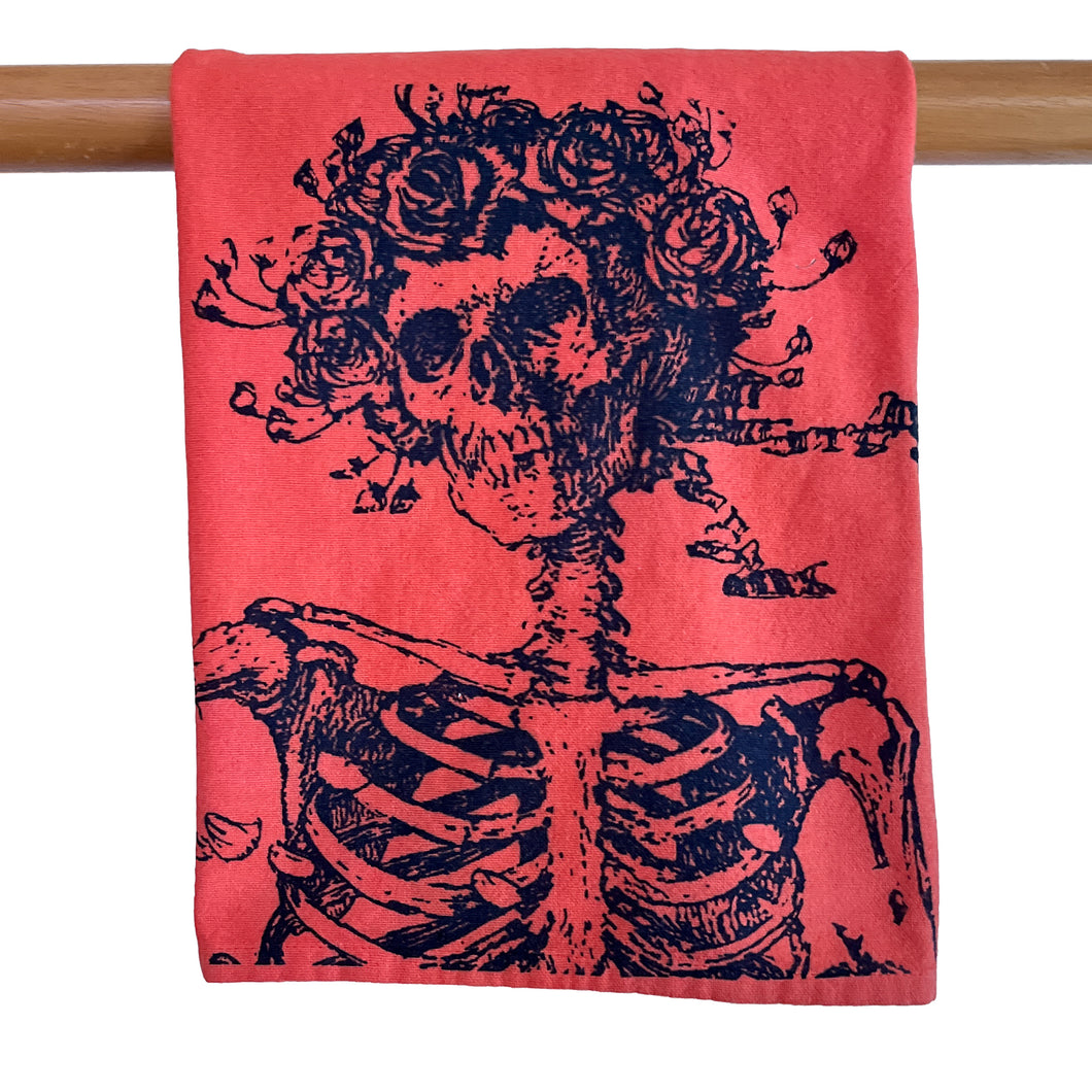 Skeleton and roses tea towel