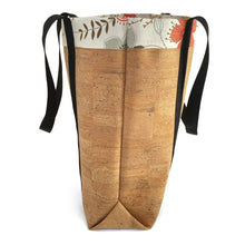 Load image into Gallery viewer, Side view of cork market bag with lining and extra-long straps by Tallulah ArtHead

