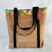 Load image into Gallery viewer, Cork market bag with multicolor paisley lining and long black straps
