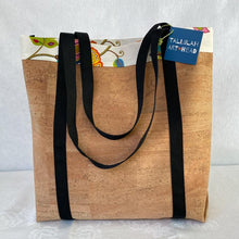 Load image into Gallery viewer, Cork market bag with multicolor floral lining and long black straps
