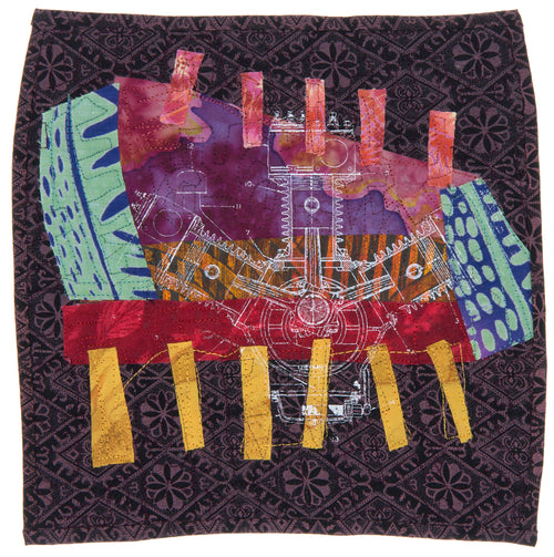 Piston, textile collage with printed schematic of piston, by Darcy Falk